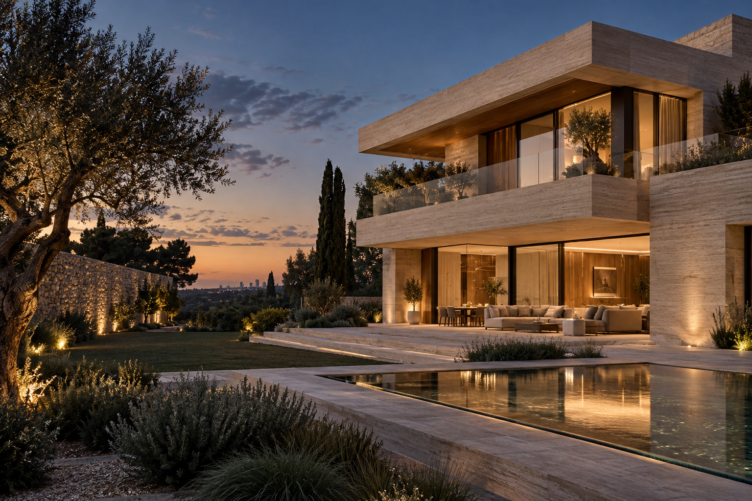 Render exterior de una vivienda contemporánea de piedra natural, grandes ventanales y piscina