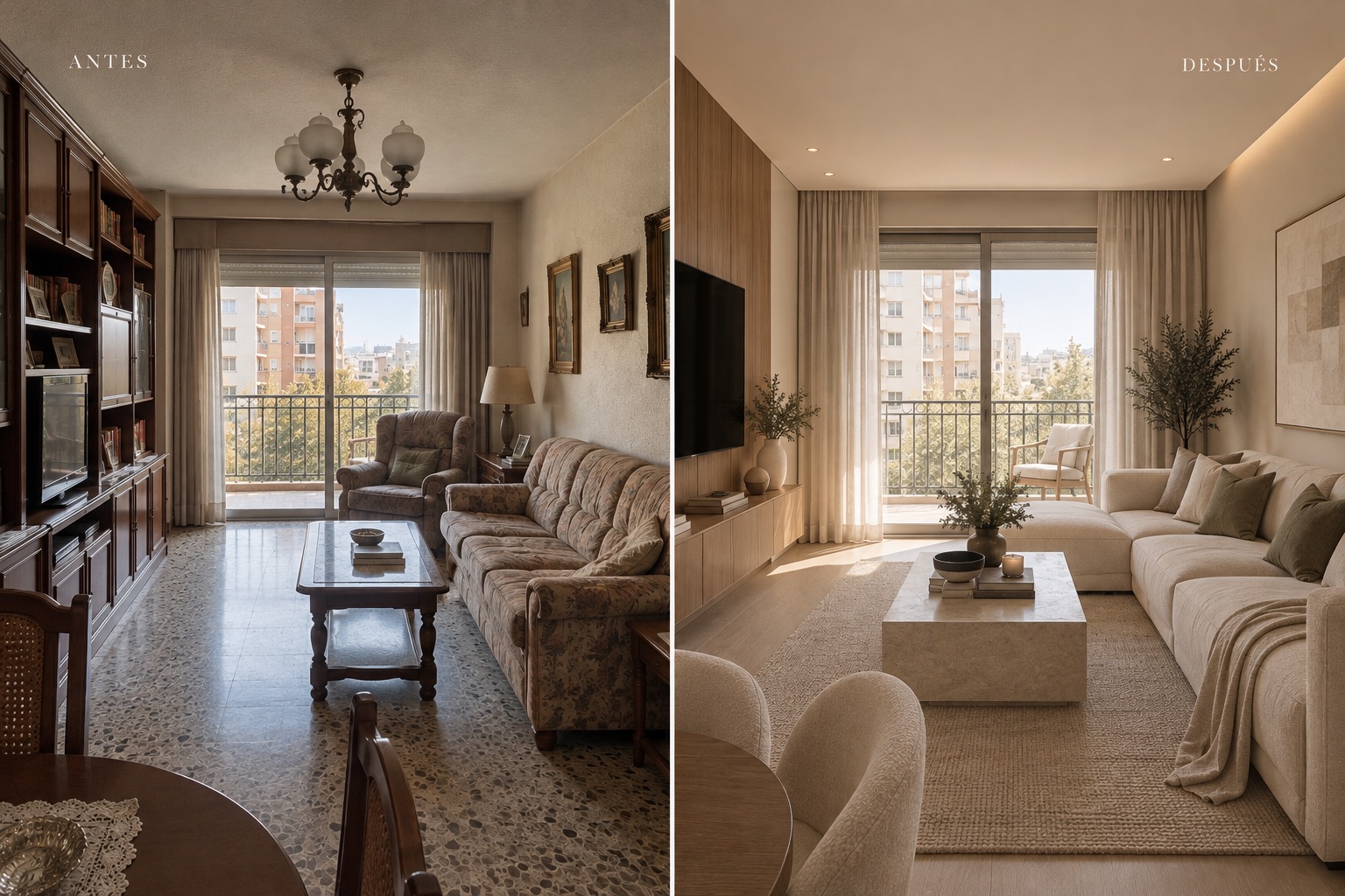 Visualización 3D conceptual de la transformación de un salón; no es una fotografía de una obra ejecutada